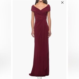 La Femme Ruched Jersey Long Gown with V-Neckline